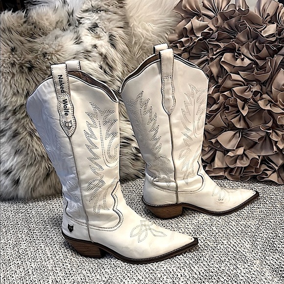 White Leather Naked Wolfe Western Coastal Cowgirl Cowboy Boots Art Giddy Up Sz 6